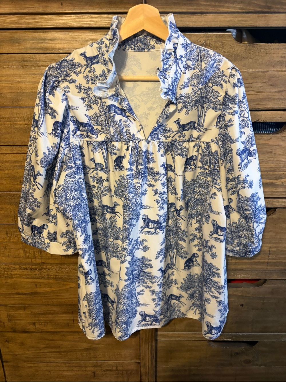 Blue White Toile Print Babydoll Blouse XL Ruffle Neck Puff Sleeve Cottagecore - Picture 2 of 4